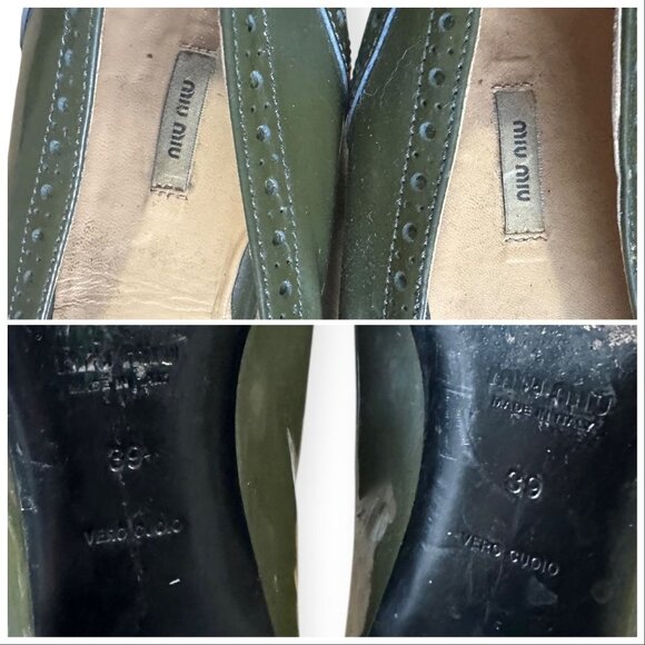 Miu Miu Patent Olive Green Brogue Round-Toe Low Heel Pumps 39 EU - Picture 8 of 10